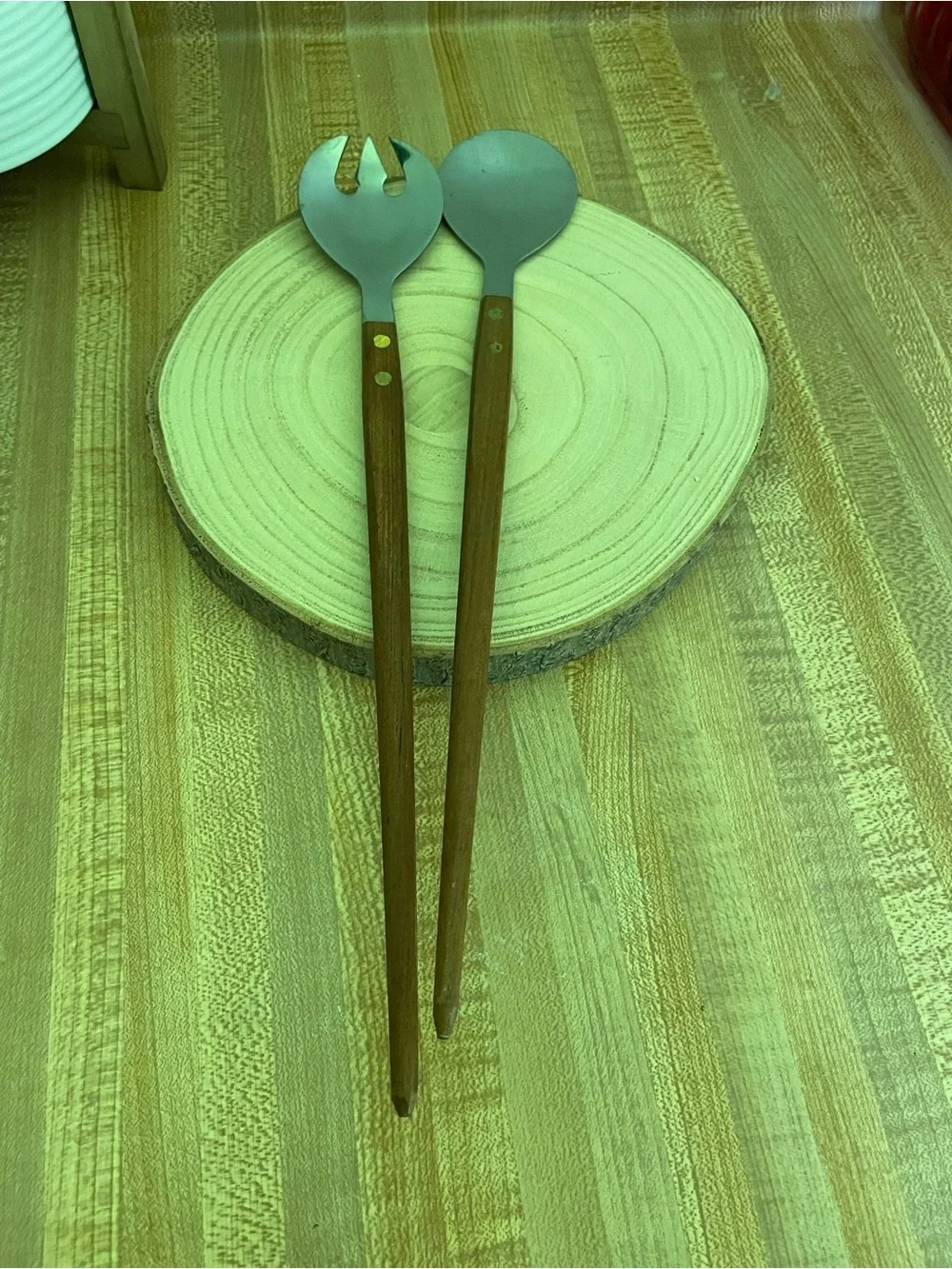 MCM Brown Wood Handle Stainless Steel Salad Servers Set